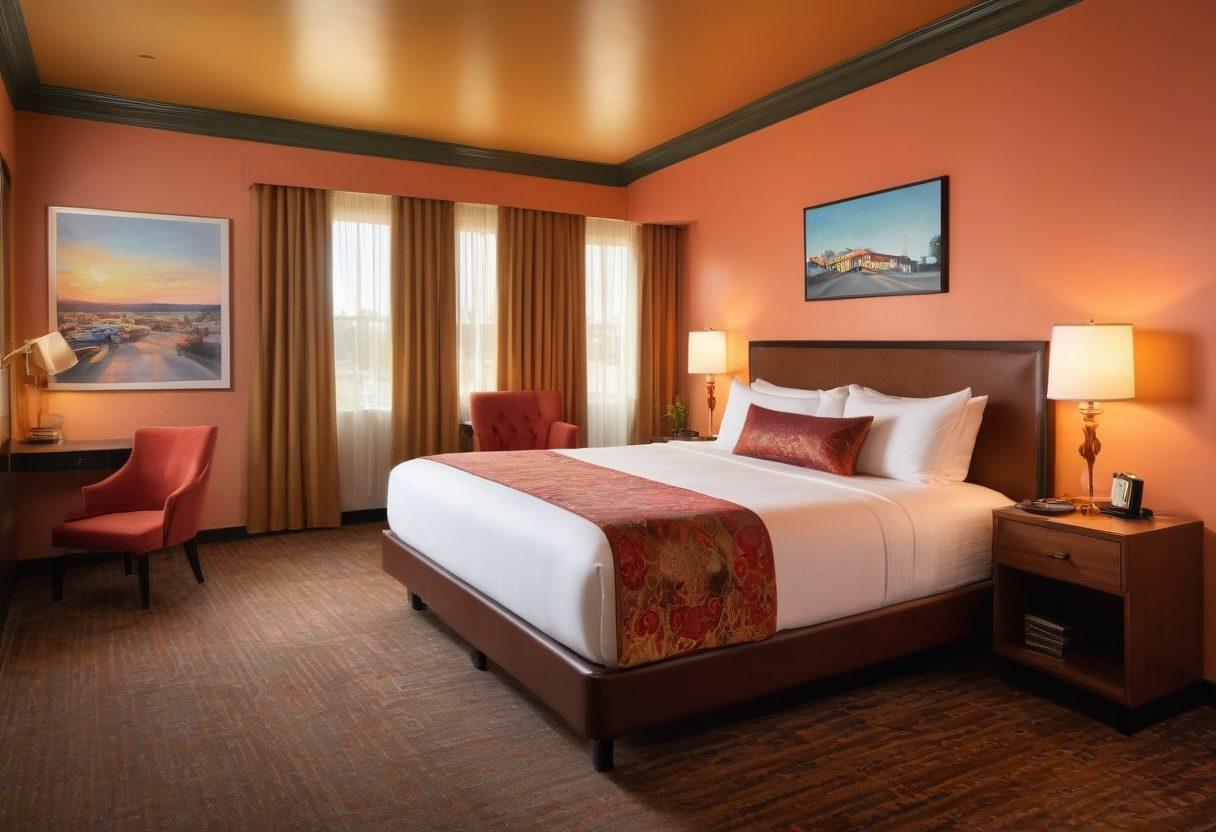 A cozy motel room on one side gradually transitions into a luxurious hotel suite on the other side, showcasing the stark contrast of travel accommodations. The scene is filled with travel icons like a suitcase, map, and a pinboard of destination images. Include warm lighting that contrasts with elegant chandeliers in the luxury suite. The background features a sunset over a scenic landscape, symbolizing the ideal getaway experience. vibrant colors. super-realistic.