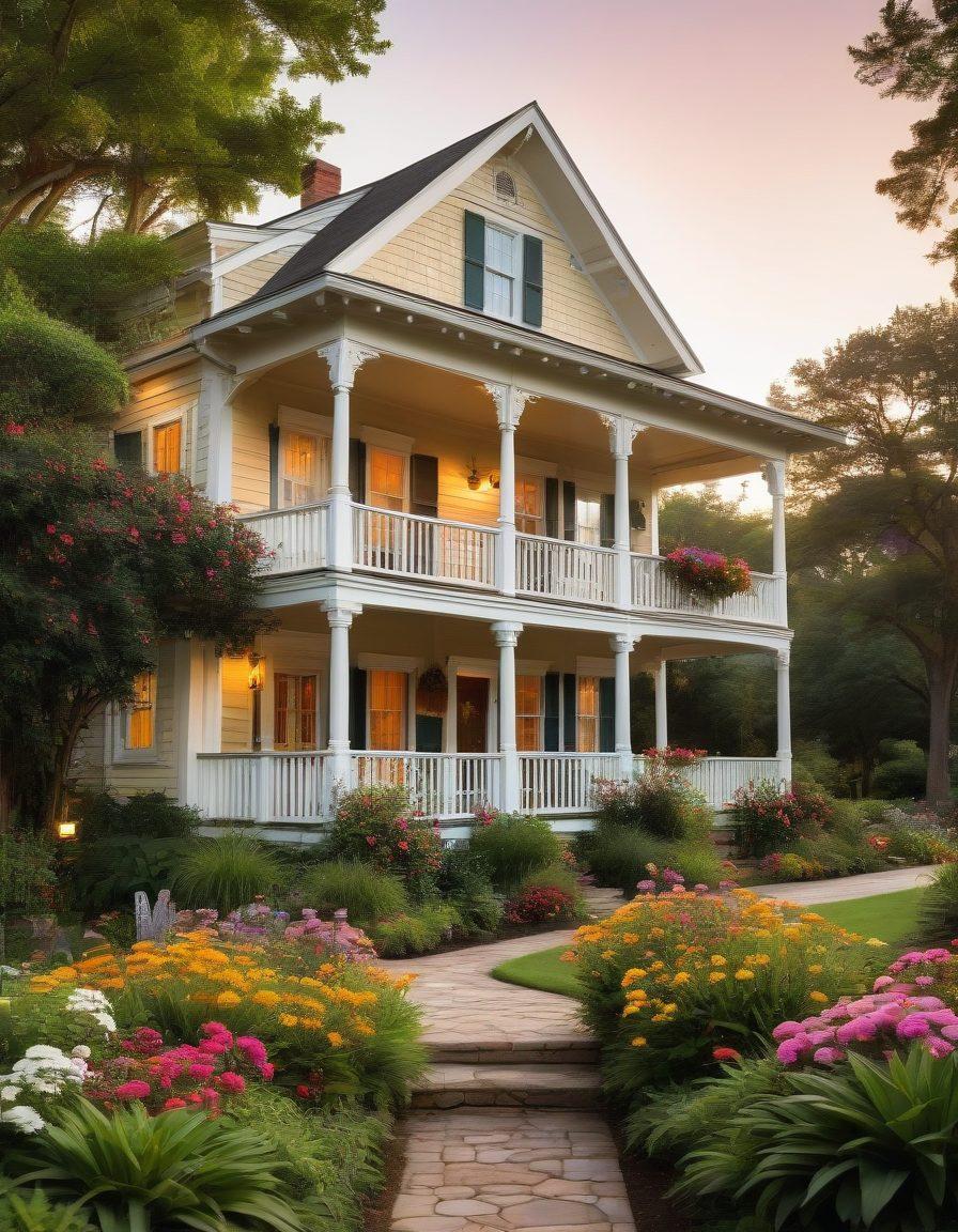 An inviting scene showcasing a cozy inn with a charming facade surrounded by lush greenery, a welcoming porch with rocking chairs, and colorful flower beds. Include a picturesque guesthouse in the background, with a sunset illuminating the sky, inviting travelers to relax. Add travel essentials like suitcases and maps scattered around for a wanderlust vibe. super-realistic. warm colors. tranquil atmosphere.