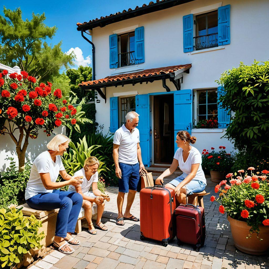 A serene travel scene depicting a happy family unpacking their bags at a charming accommodation, with lush greenery and inviting surroundings. Include a welcoming host giving a tour of a cozy living space, complete with comfortable furniture and local decor. Overhead, a bright blue sky dotted with fluffy clouds adds to the relaxed atmosphere. Vibrant colors. super-realistic. 